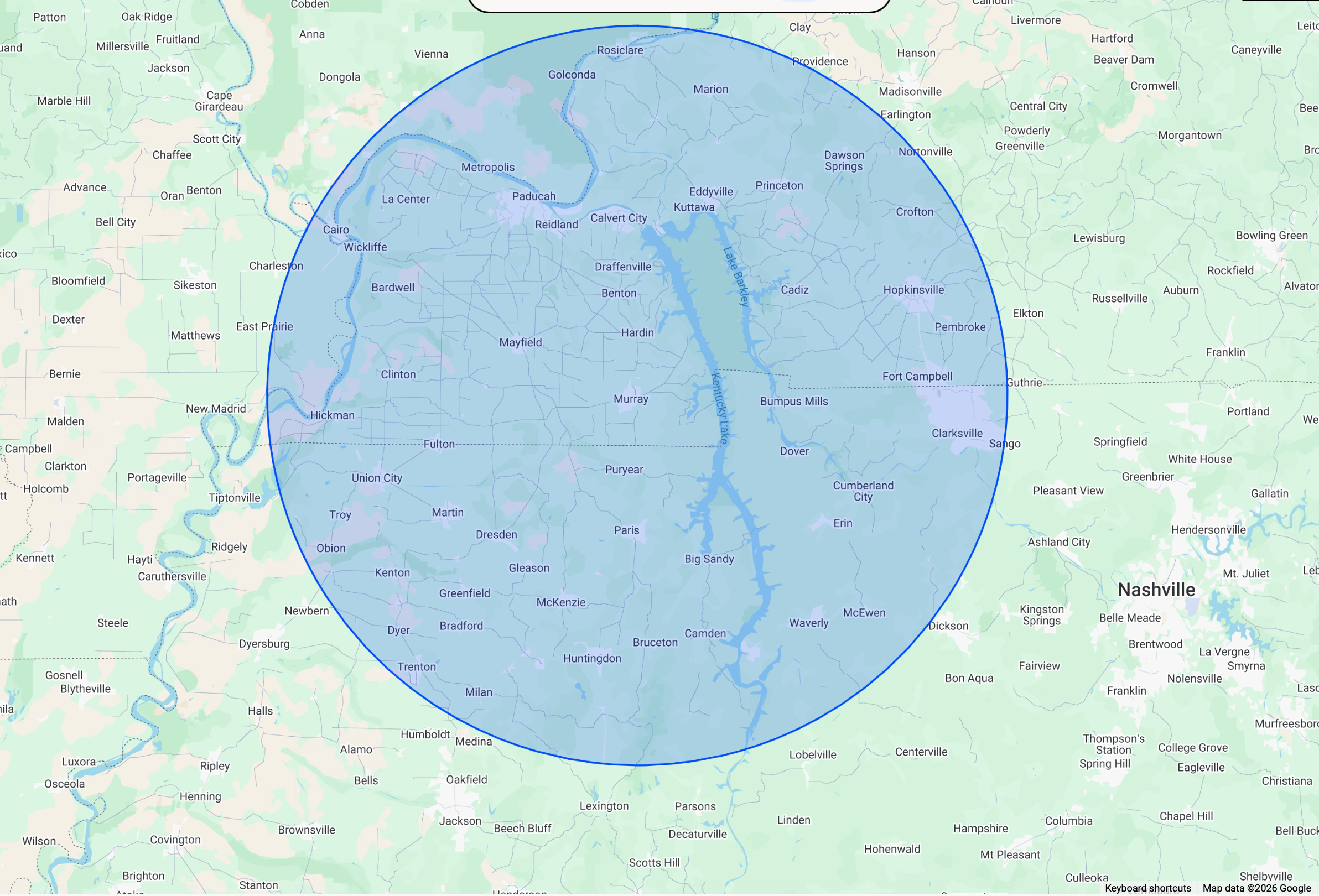 Map showing Cedarwood's 60-mile service area around Murray, Kentucky.